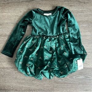 NWT Kids Girls 2T Green Velvety Christmas Holiday Bow Long Sleeve Dress